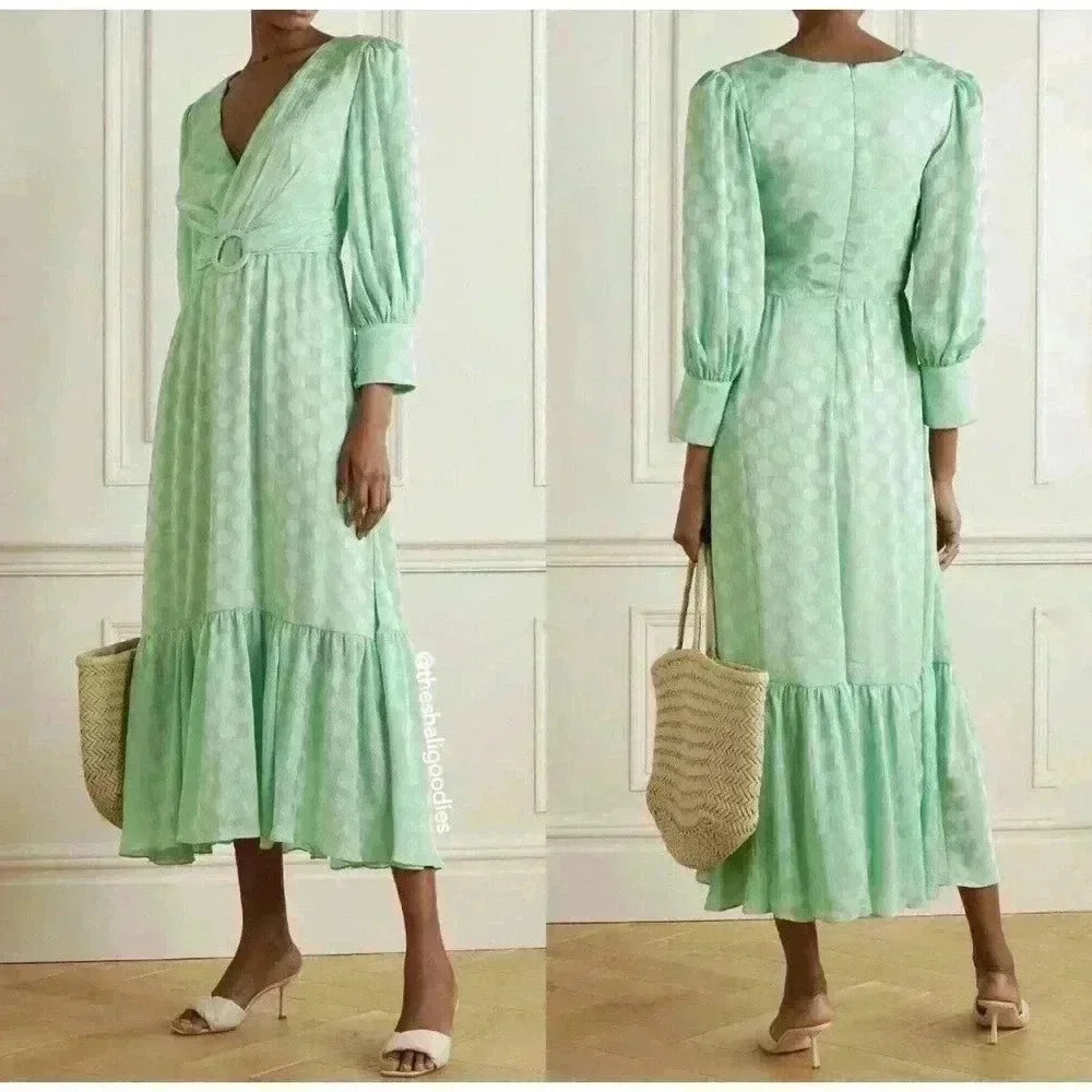 PatBO Satin Midi Dress Size 8 Green Polka Dot Brazilian Long Wedding Guest $675